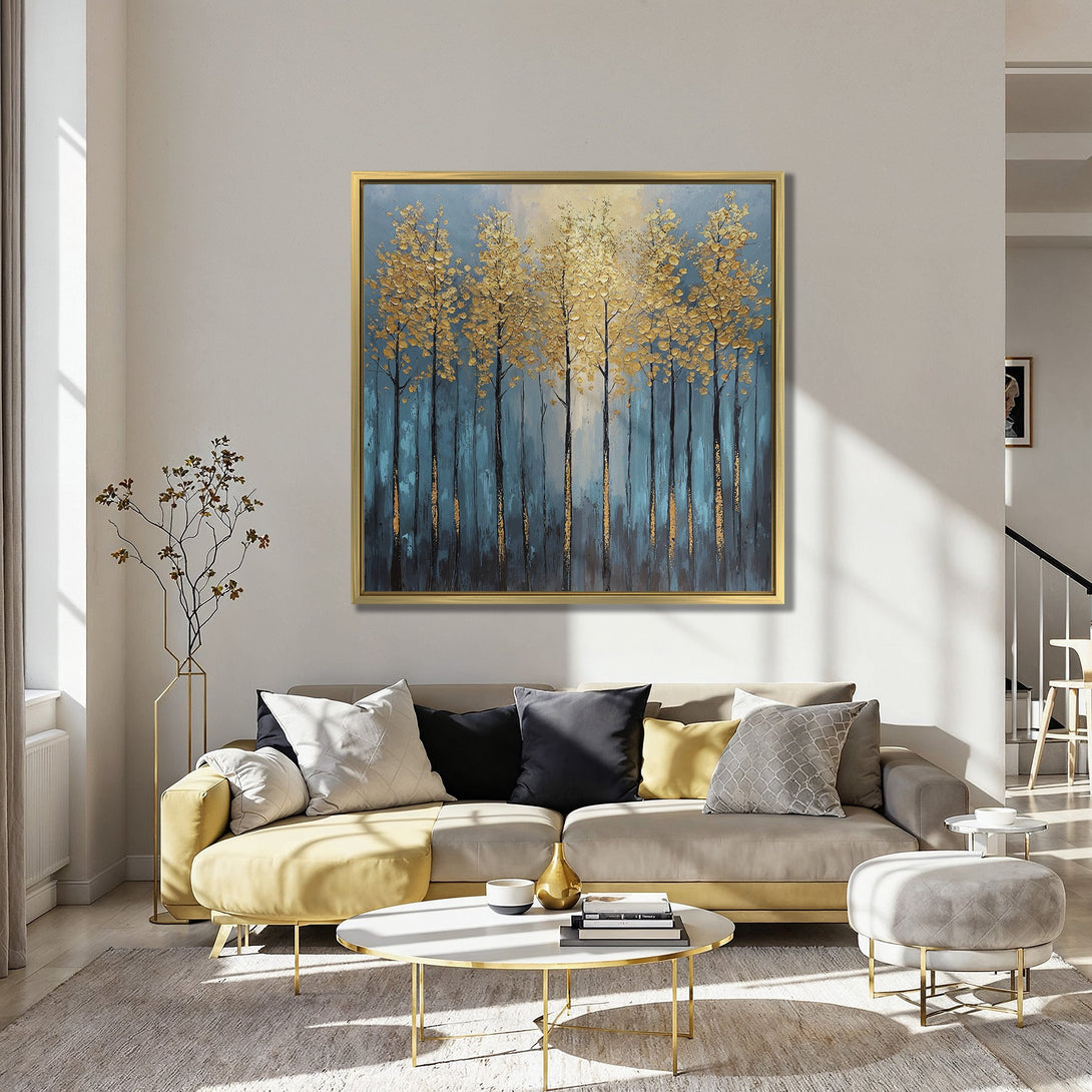 Canvas Print of golden trees in a teal and gold color palette, perfect for adding a touch of elegance to any space.