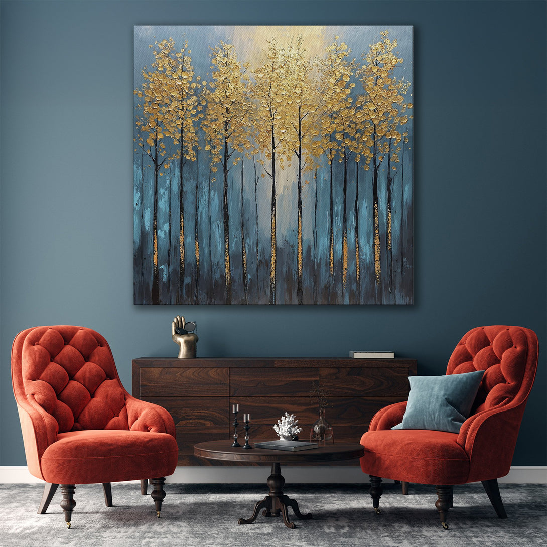 Framed Wall Art: Abstract gold trees on a teal background. Modern canvas print adds a touch of luxury to any space. Gold and teal color palette.