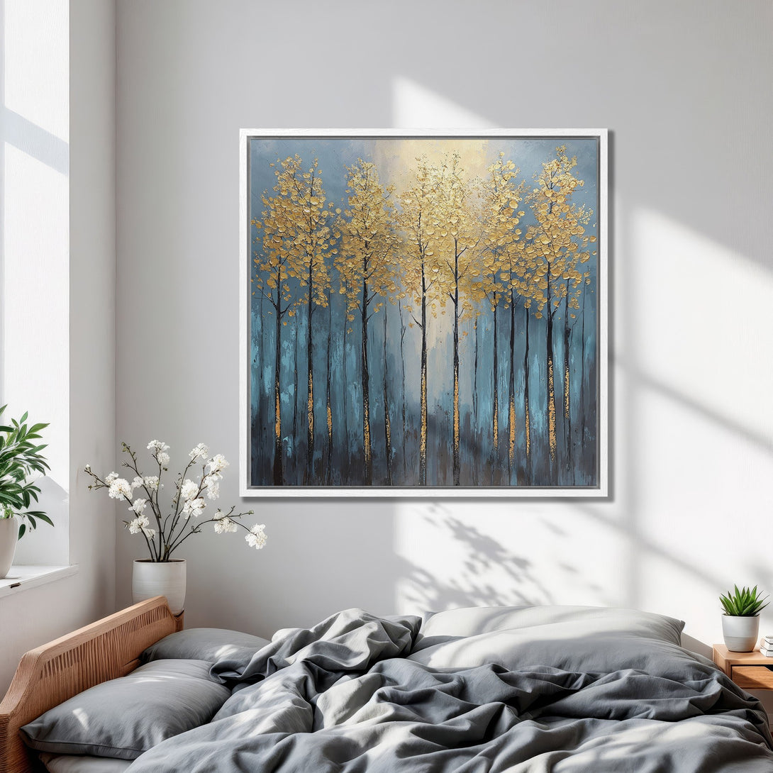 Framed Wall Art: Abstract gold trees against a teal backdrop. Modern, calming art piece for bedroom decor. Perfect for adding a touch of elegance.