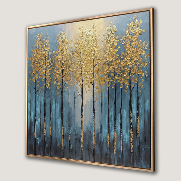 Framed Wall Art: Golden trees against a teal and blue backdrop. Textured artwork adds elegance to any space. Bring nature indoors with this stunning canvas print.