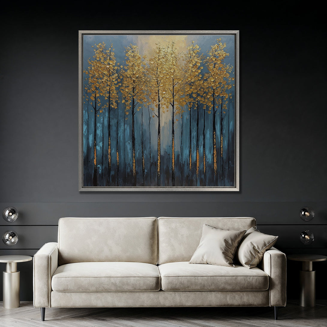 Framed Wall Art featuring a golden tree painting. Modern abstract style with a teal and gold color palette. Perfect for living room decor.