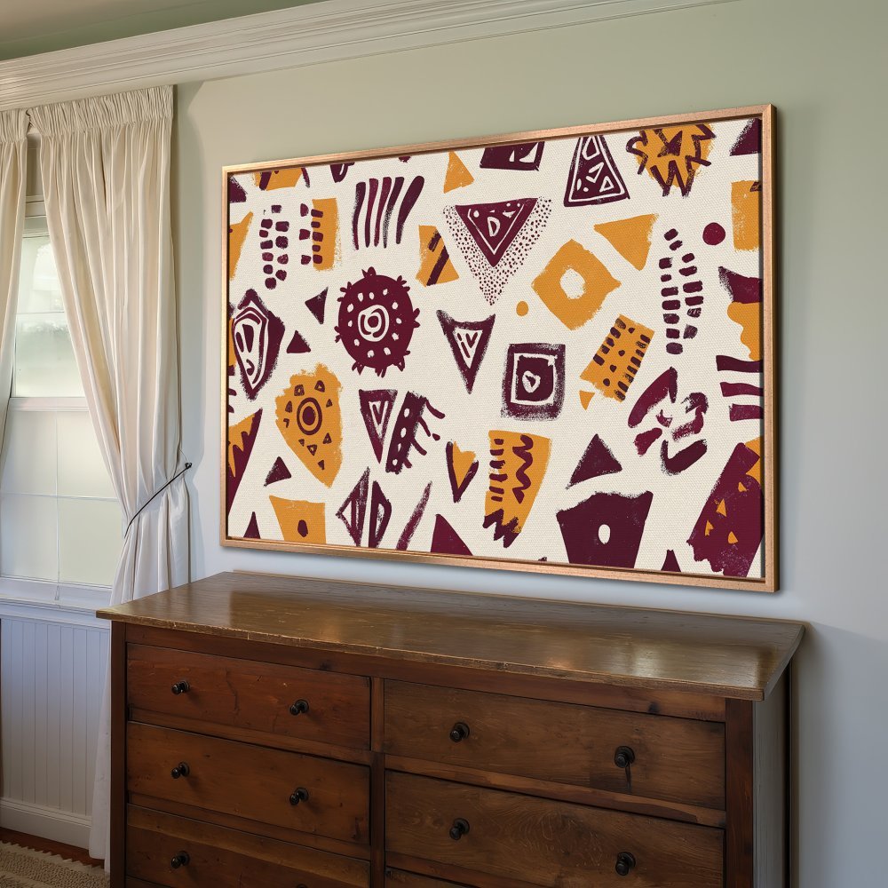 Framed Wall Art: Abstract geometric design in mustard yellow and burgundy on a neutral background. Modern art for your home decor.