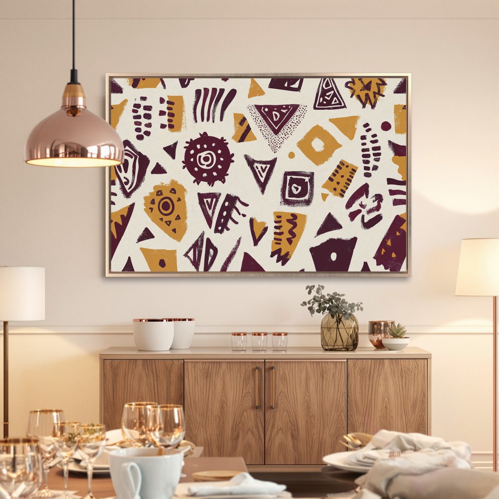 Framed Wall Art: Abstract geometric design in burgundy and gold. Modern canvas print adds a stylish touch to any interior.
