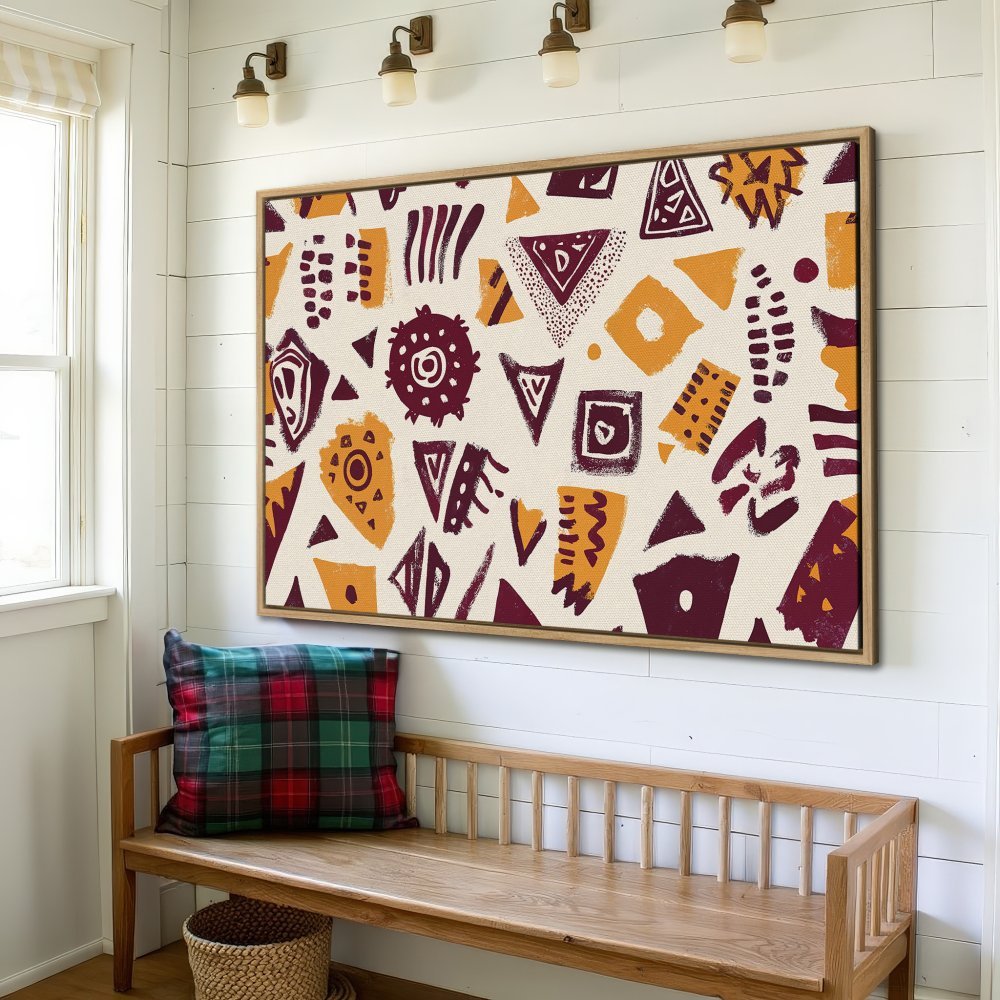 Framed Wall Art featuring abstract geometric shapes in burgundy and mustard on a cream background. Perfect for modern home decor.