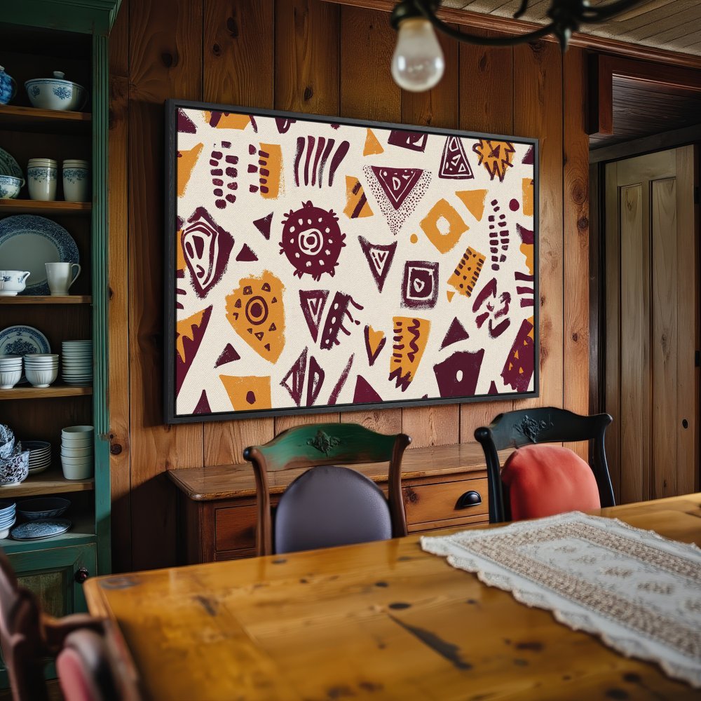 Framed Wall Art: Abstract geometric pattern in warm burgundy and gold tones. Stylish canvas print adds modern flair to any room.