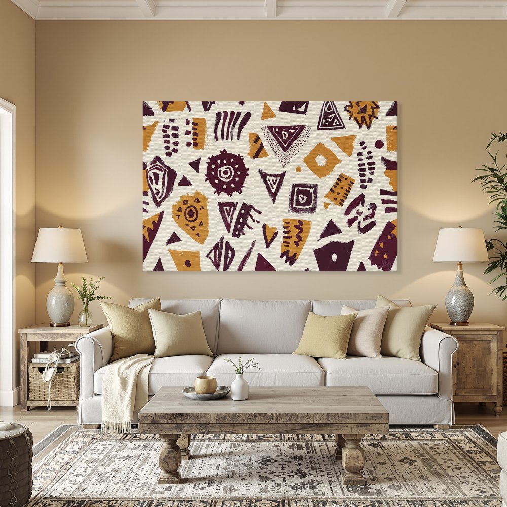 Framed Wall Art: Abstract geometric Canvas Print in warm burgundy & ochre tones. Perfect for adding a pop of color to your home decor.