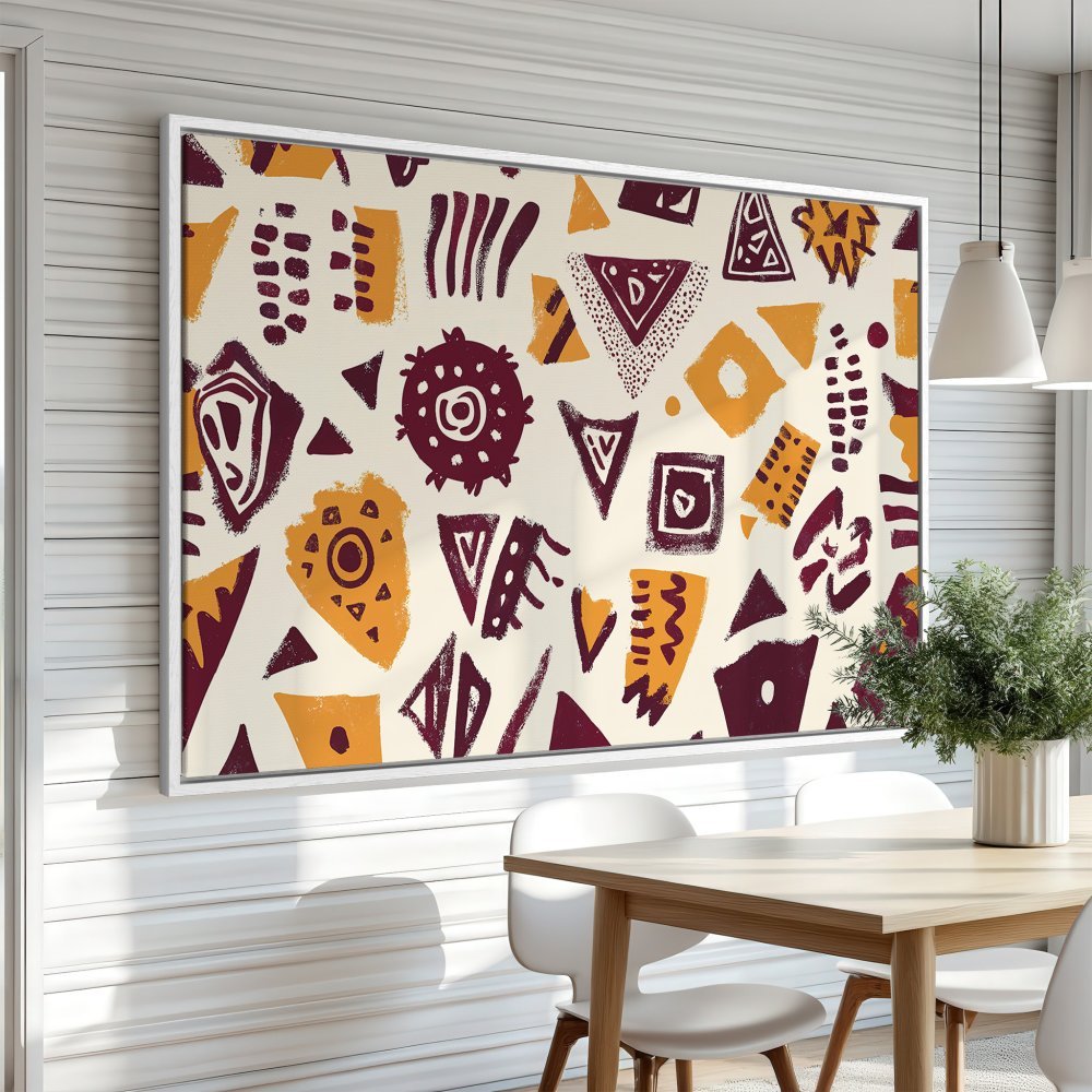 Framed Wall Art featuring an abstract tribal pattern in warm burgundy and gold tones. Perfect for adding a modern touch to any space.