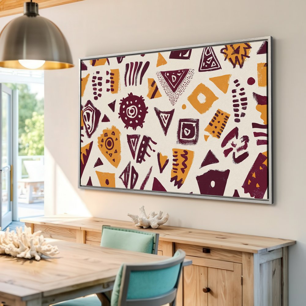 Framed Wall Art: Abstract geometric pattern in burgundy and gold. Add a touch of modern art to your home decor!
