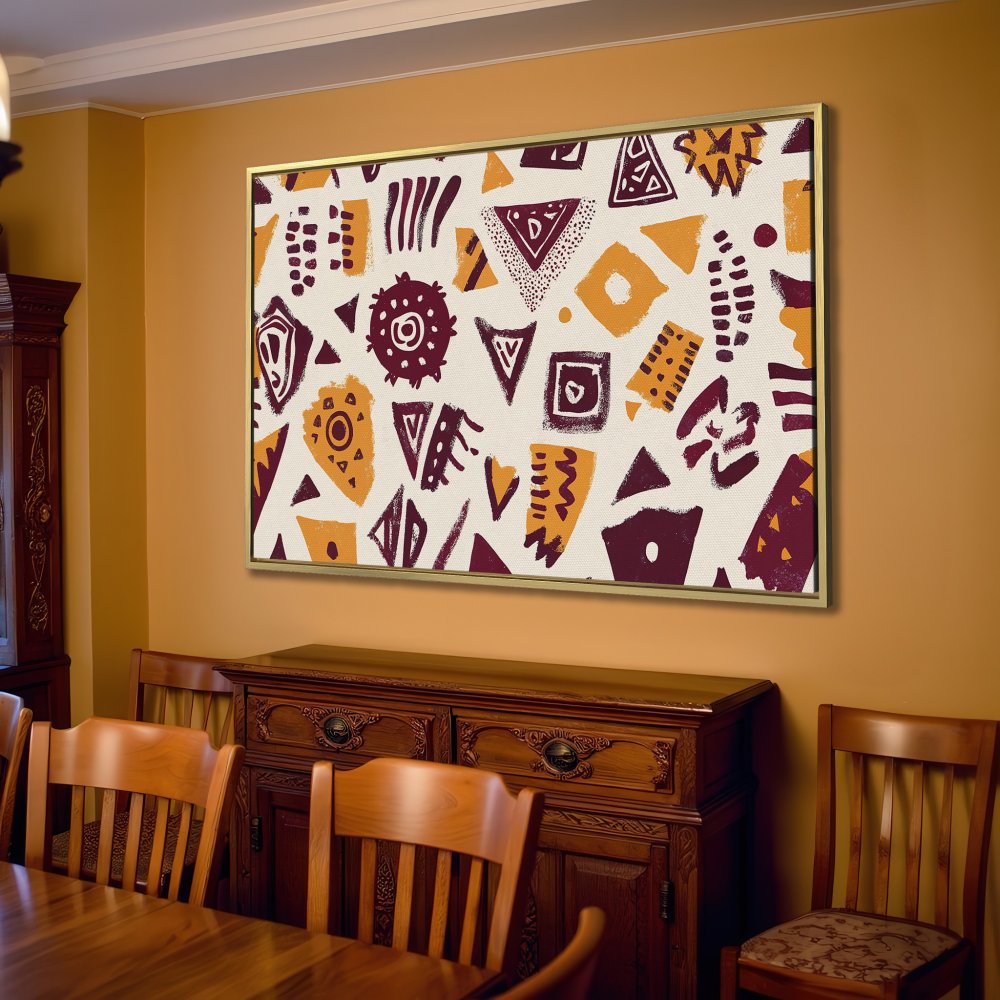 Canvas Print featuring abstract geometric art in mustard, burgundy, and cream. Modern wall decor for your home.