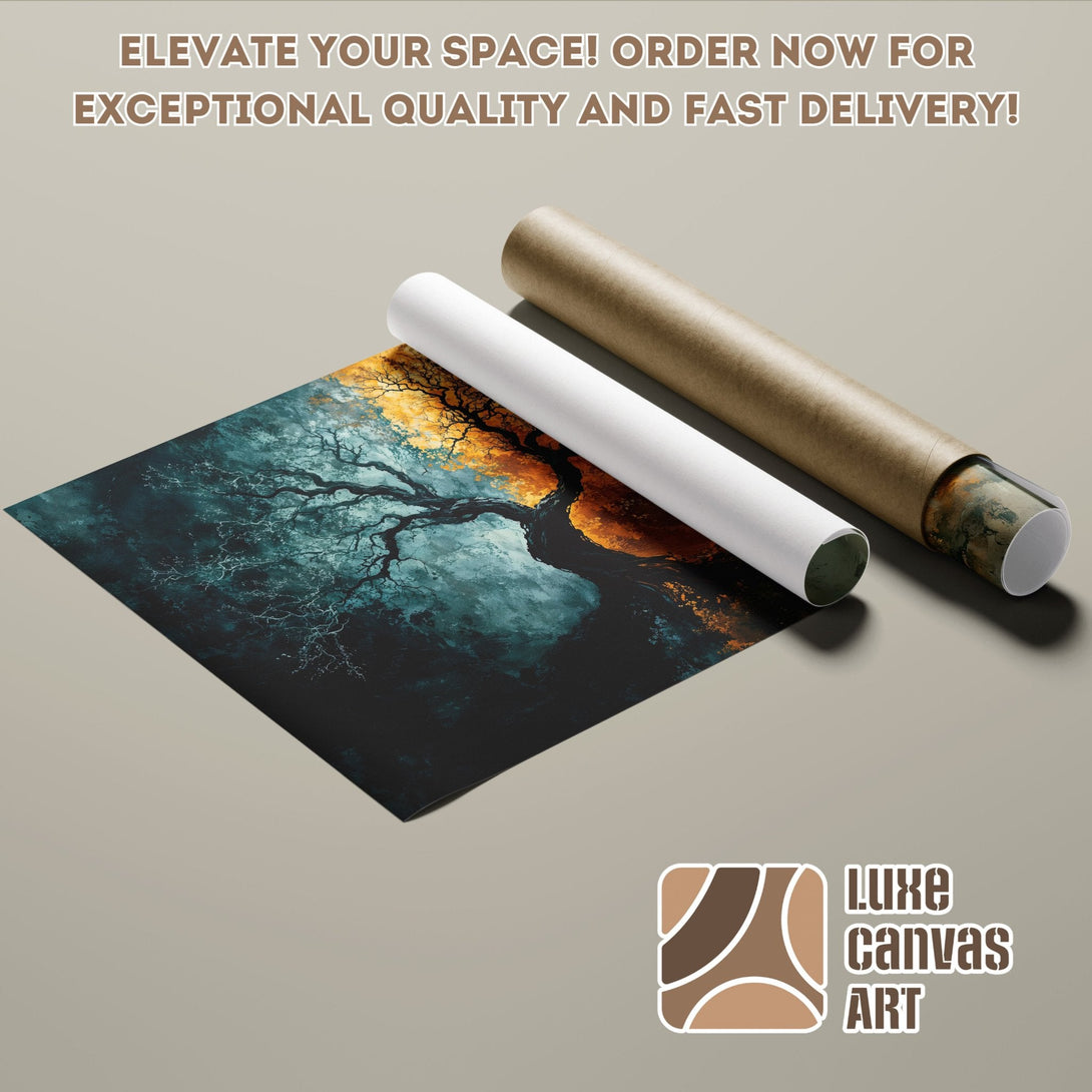 Poster Roll featuring a tree art print with teal and gold color palette. Elevate your space!