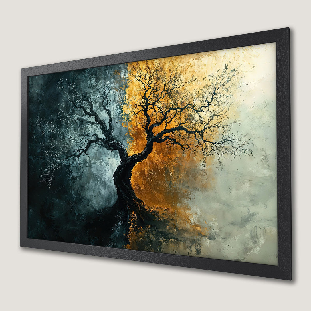 Framed Poster featuring an abstract tree painting in a dramatic, painterly style with a dark, gold, and teal color palette.