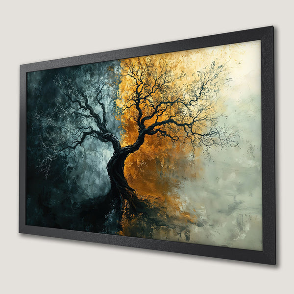 Framed Poster featuring an abstract tree painting in a dramatic, painterly style with a dark, gold, and teal color palette.