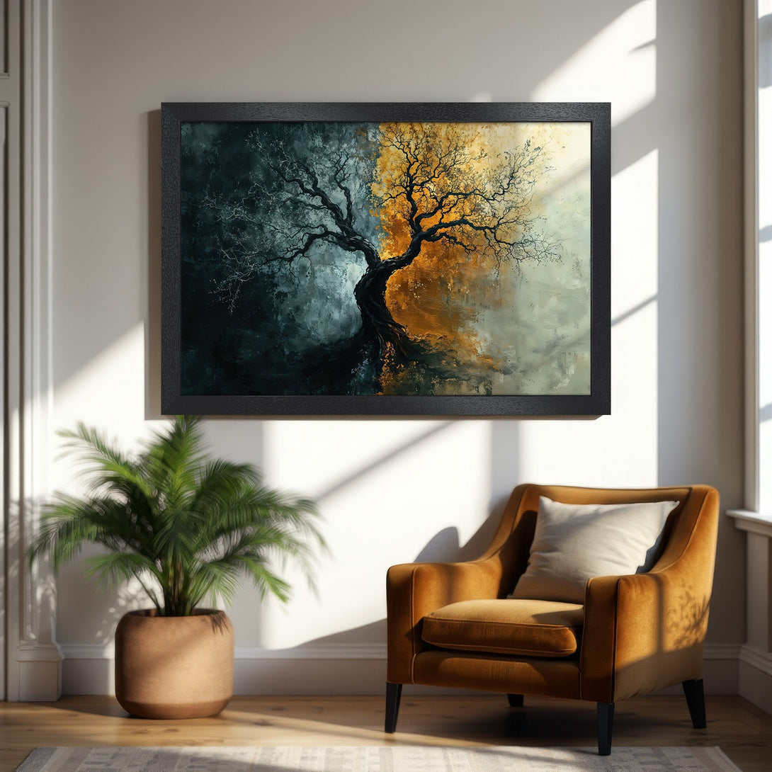 Framed Poster featuring a stylized tree in a dark and gold color palette. Perfect art for your home decor.