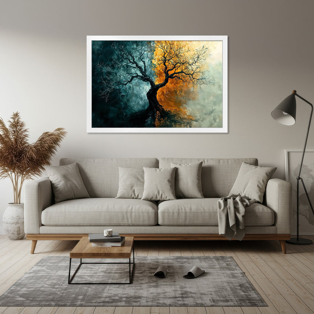 Framed Poster featuring a vibrant tree artwork with teal and orange hues. Modern art style, perfect for home decor.