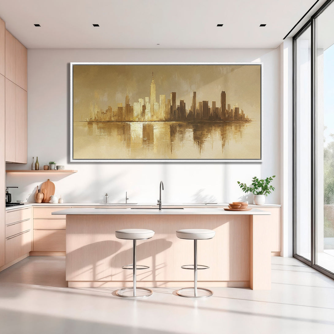 Framed Wall Art of NYC skyline in a modern kitchen. Warm gold and brown tones create an elegant, abstract cityscape. Elevate your space with this stunning artwork!