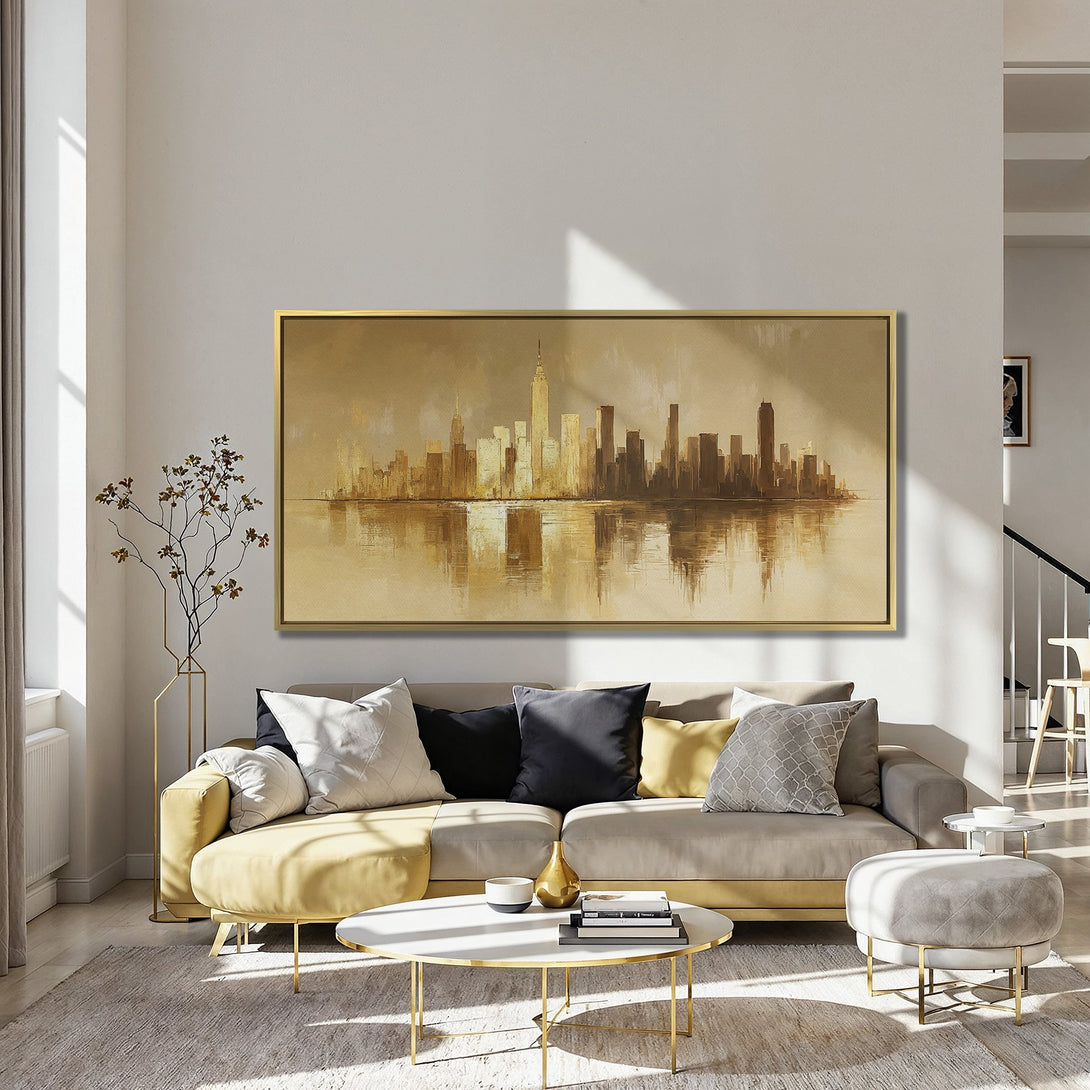 Canvas Print of NYC skyline art in gold tones, perfect for adding a touch of modern elegance to your home decor.