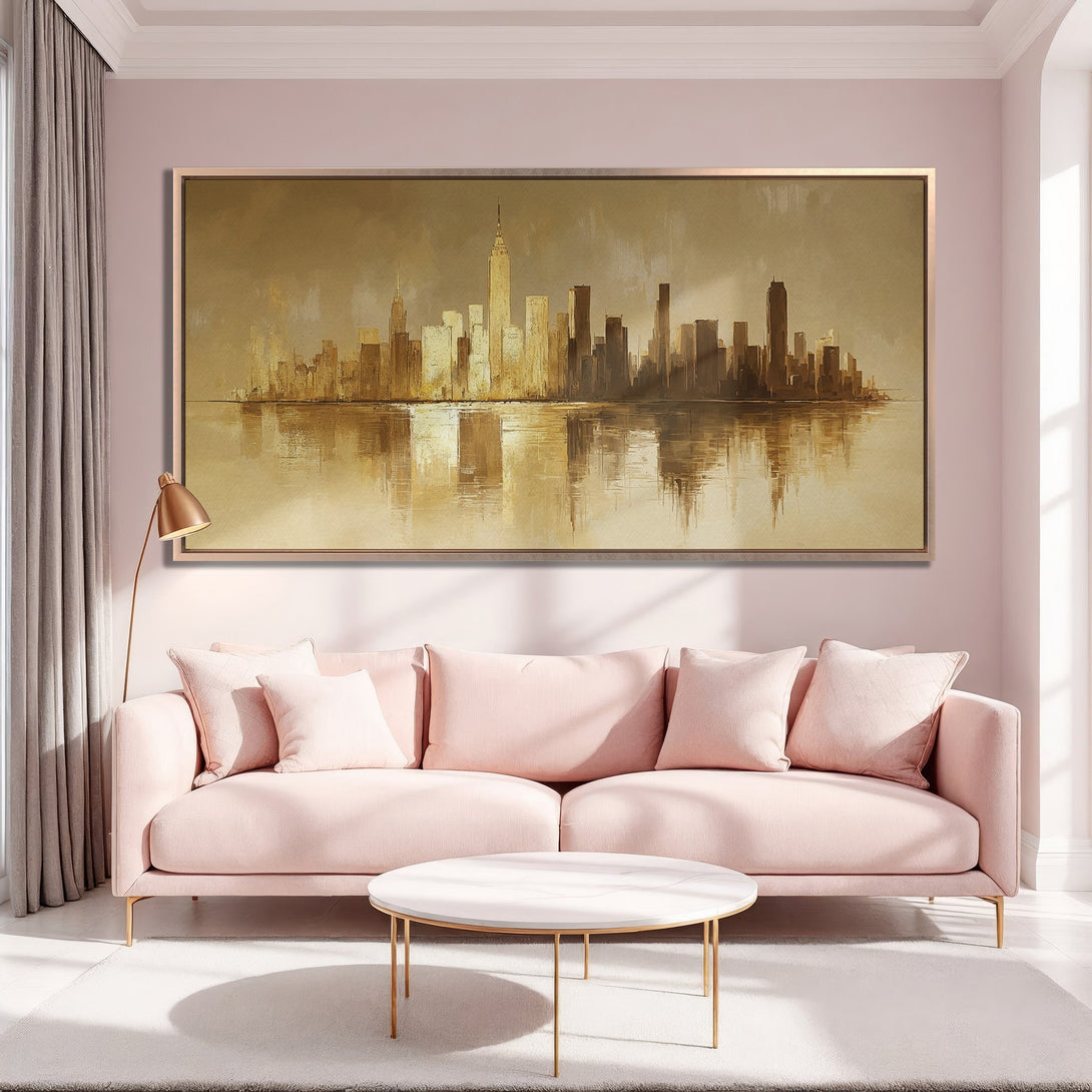 Framed Wall Art: Abstract NYC skyline in warm gold tones. Perfect for a modern living room. Shop our Canvas Print collection for stylish home decor!