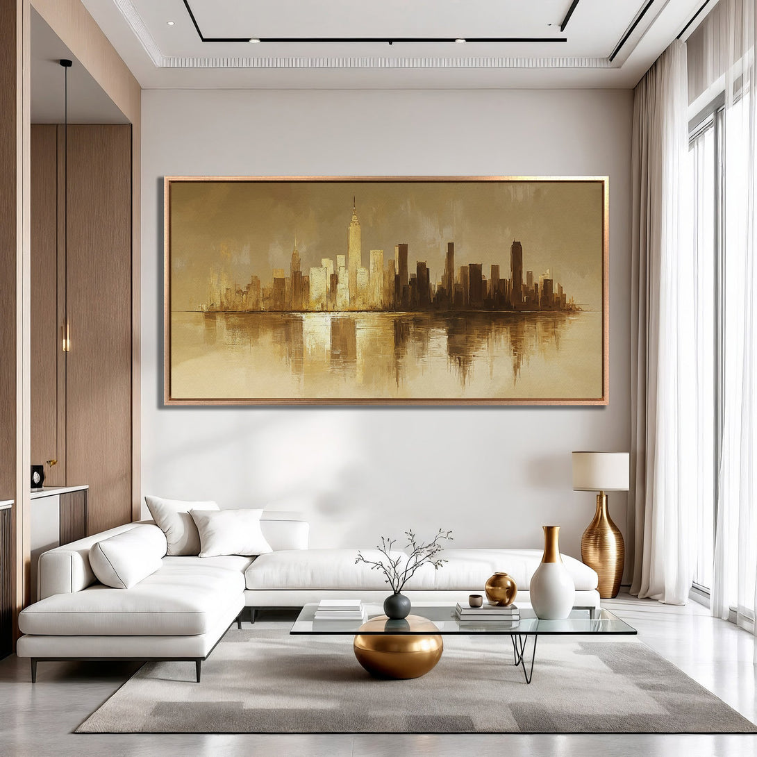 Framed Wall Art: Abstract cityscape canvas print in warm gold tones. Elevate your space with this modern, stylish art piece.