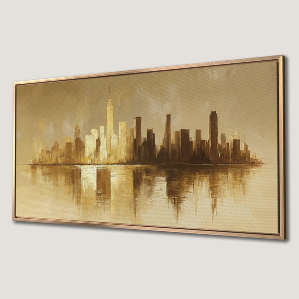 Framed Wall Art of NYC skyline in warm gold tones. Abstract cityscape Canvas Print adds sophisticated style to any space.