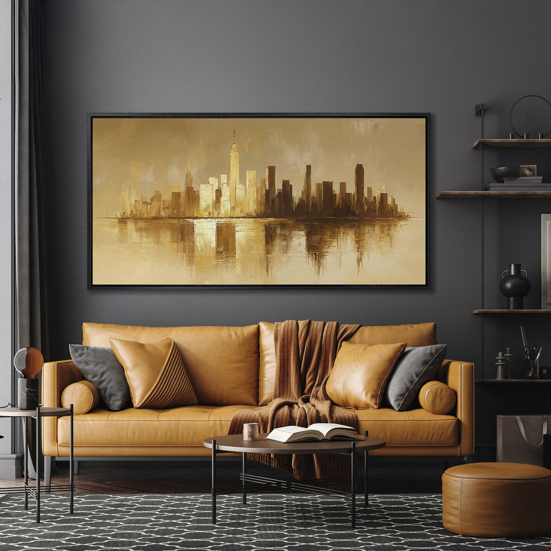 Framed Wall Art: NYC skyline painting in warm gold tones. Modern abstract art for home decor. Adds elegance to living room with a leather sofa.