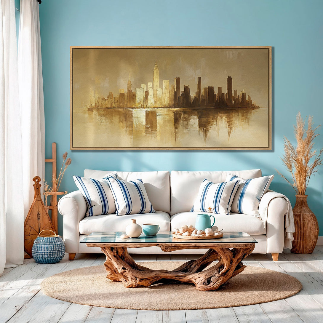 Framed Wall Art of NYC skyline in warm gold tones. Modern abstract style canvas print adds a touch of elegance to any living room.