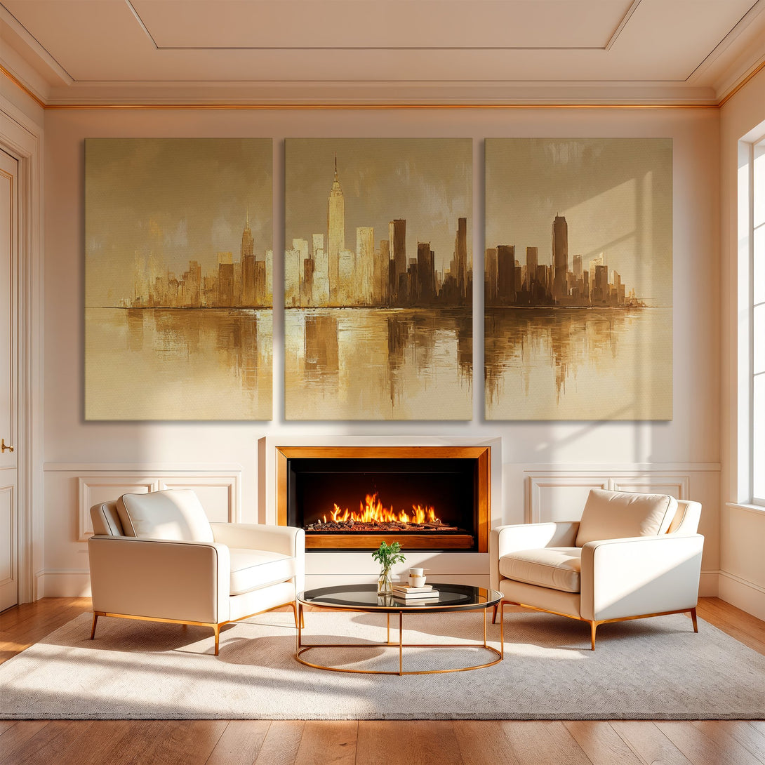 Canvas Print of a cityscape in warm neutral tones. Modern abstract style, perfect for living room decor.
