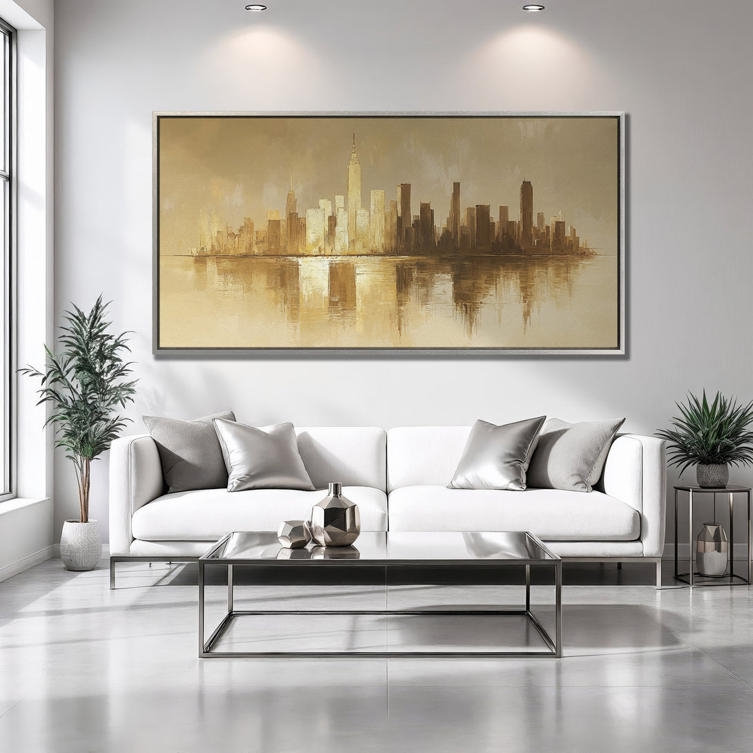 Framed Wall Art featuring a cityscape in warm gold tones. Modern, abstract style adds elegance to any space. Shop now for stunning wall decor!