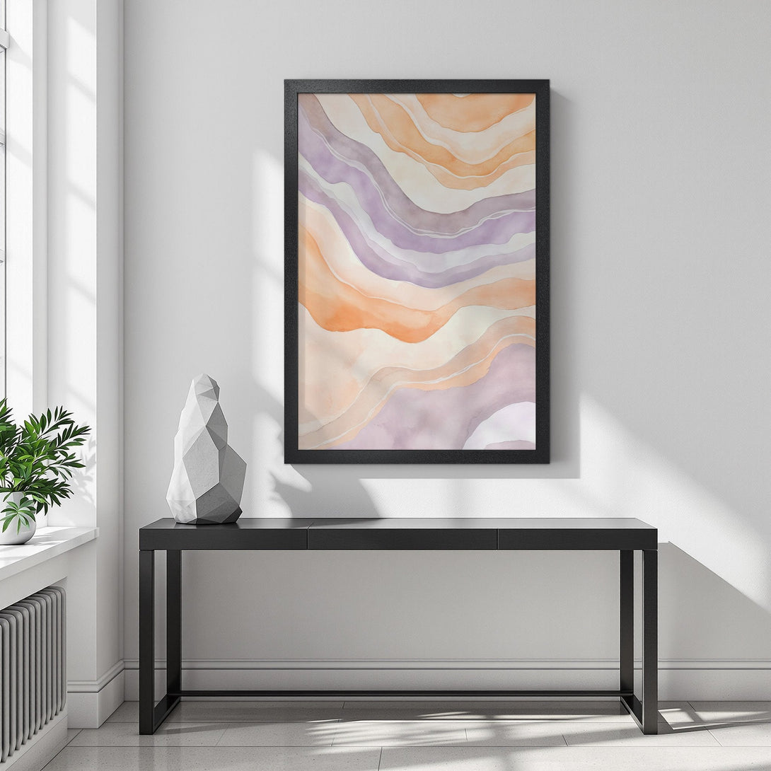 Framed Poster featuring abstract watercolor art in warm orange and lavender hues. Add a touch of modern art to your space!