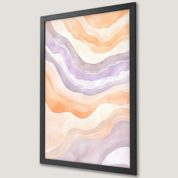 Framed Poster featuring abstract watercolor waves in orange, purple, and beige. Modern art print for home decor.