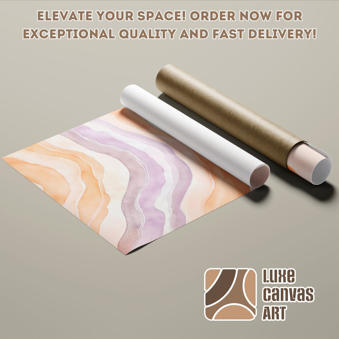 Abstract watercolor Poster Roll in warm peach and purple tones. Elevate your space with Luxe Canvas Art! Order now!