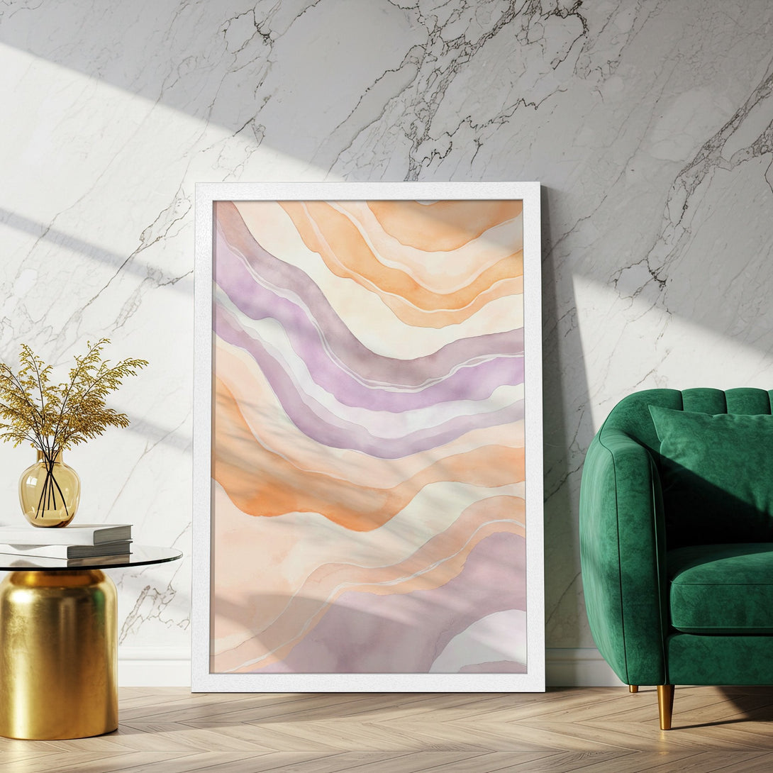 Framed Poster featuring abstract watercolor art in warm orange and purple tones. Perfect wall decor for a modern aesthetic.