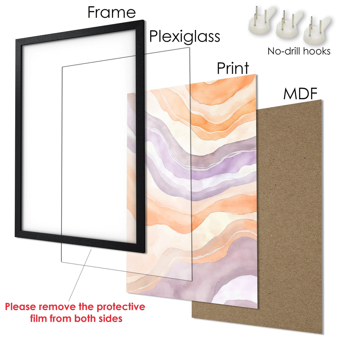 Framed Poster with abstract watercolor art in peach, purple, and white. Modern art print for home decor.