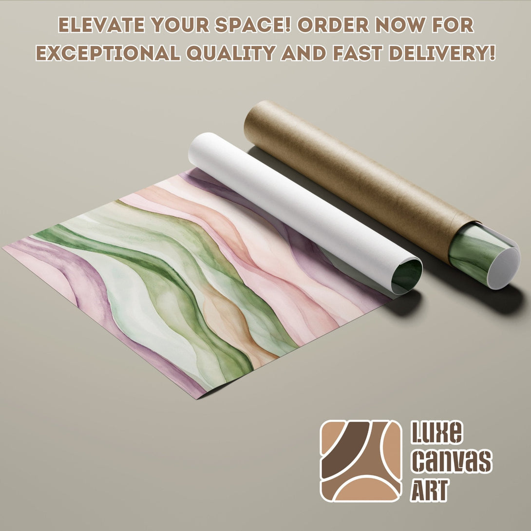 Abstract watercolor Poster Roll in green, pink, and neutral tones. Elevate your space with art!