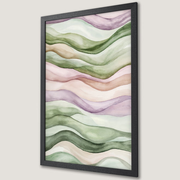 Framed Poster featuring watercolor abstract landscape art in green, pink, and purple tones. Modern wall art for home decor.