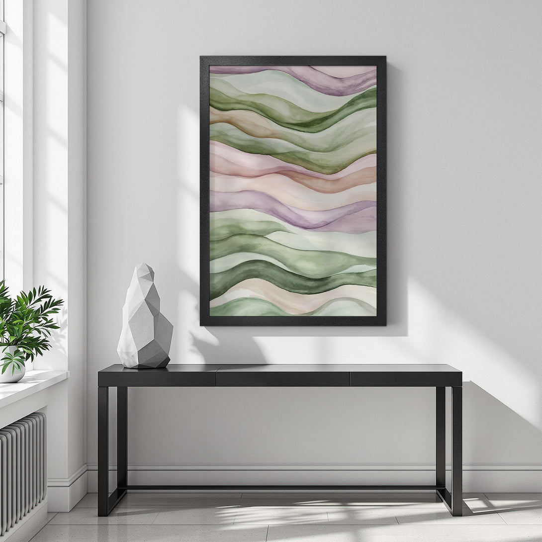 Framed Poster featuring watercolor abstract waves in green, purple, and earth tones. Modern art for your home decor.