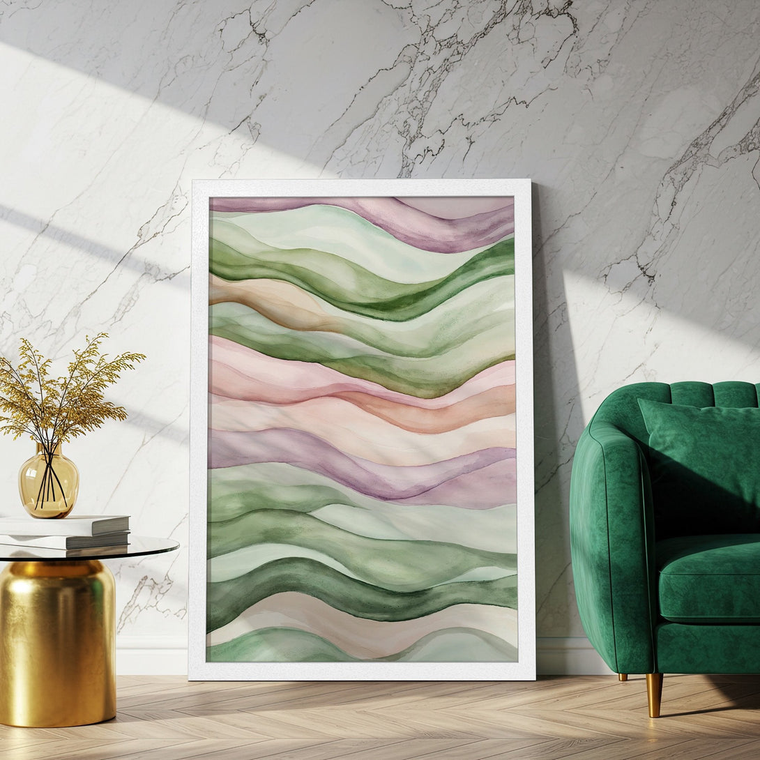 Framed Poster featuring abstract watercolor waves in green, pink, and purple hues. Modern art print for home decor.