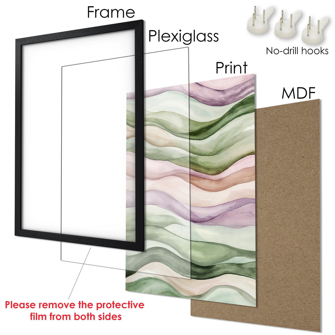 Framed Poster with abstract watercolor art in green, purple, and brown tones. Modern wall art for your home.