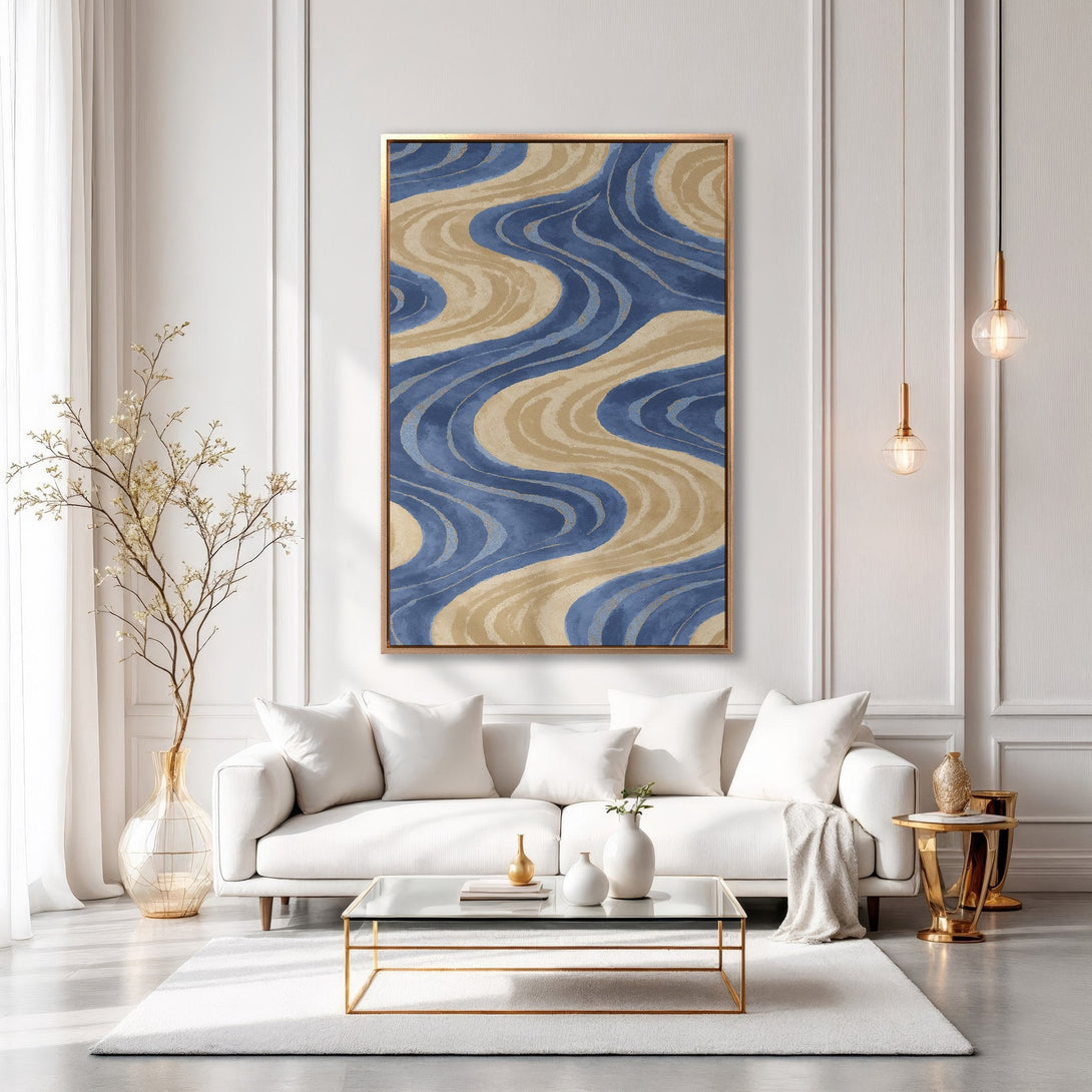 Framed Wall Art: Abstract blue and beige waves canvas print, perfect for modern living room decor. Stylish artwork with a neutral color palette.