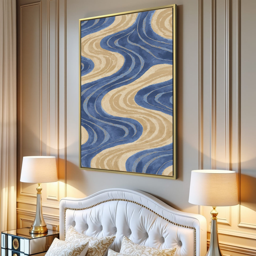 Canvas Print featuring a modern abstract design with flowing blue and beige waves. Perfect wall art for a stylish living room.