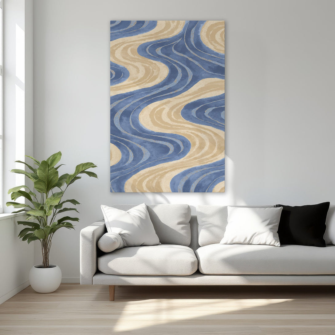 Framed Wall Art: Abstract blue & beige waves canvas print. Modern art in a luxurious bedroom setting. Enhance your space with stylish wall decor.