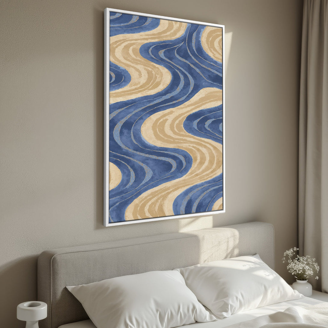 Framed Wall Art with abstract blue and beige wavy design. Modern art print with a neutral color palette, perfect for bedroom decor.