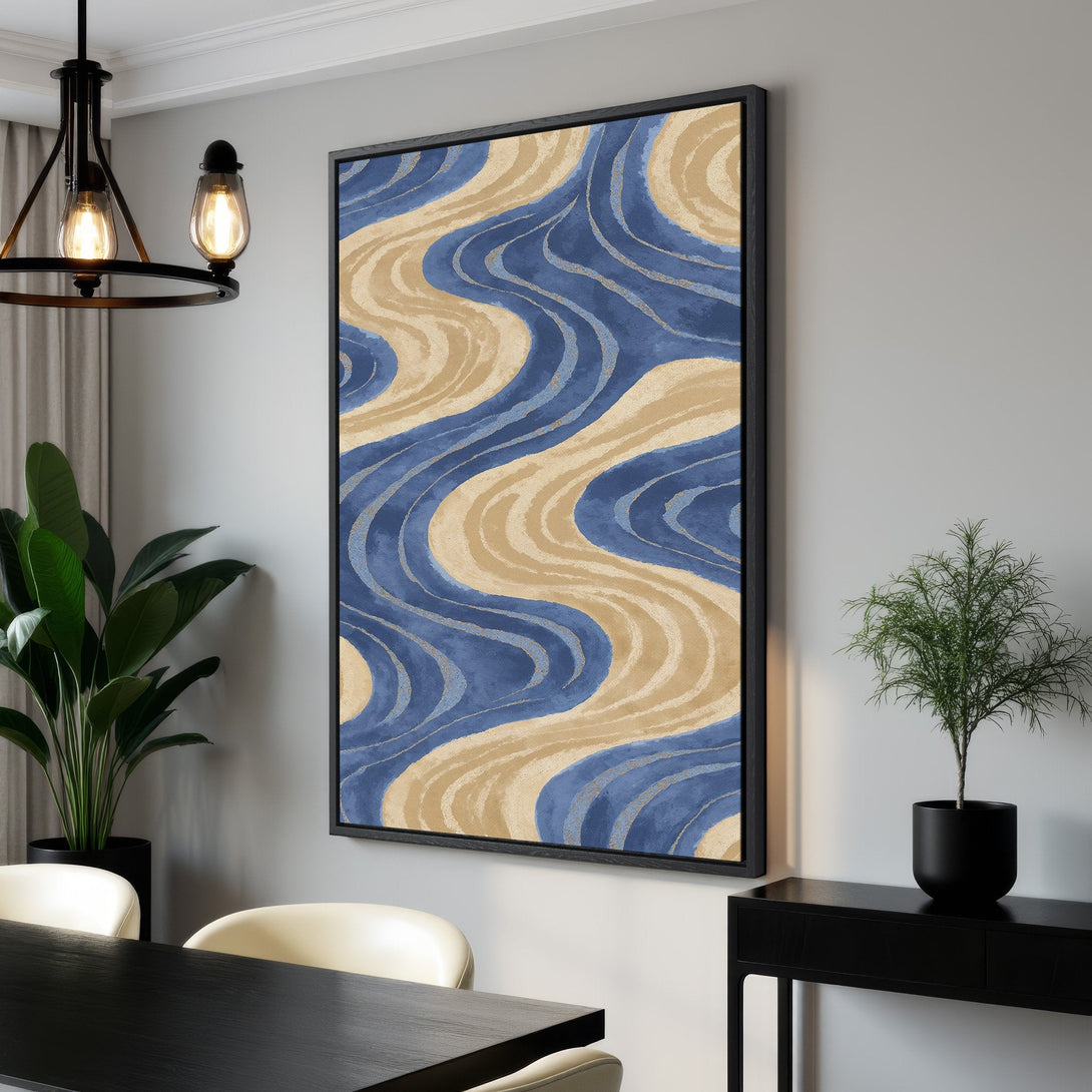 Framed Wall Art featuring an abstract wave design in blue and beige, perfect for modern home decor. Elevate your space with this stylish canvas print!