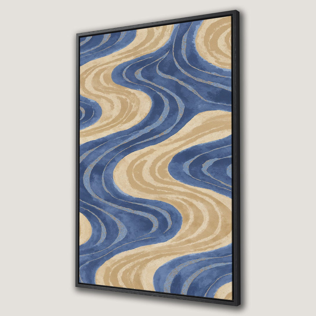 Framed Wall Art canvas print featuring a flowing abstract design in blue and beige tones, perfect for adding a touch of modern style to any space.
