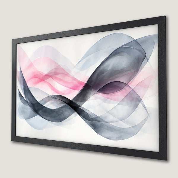 Framed Poster featuring abstract watercolor waves in pink, gray, and blue. Modern art for your home.