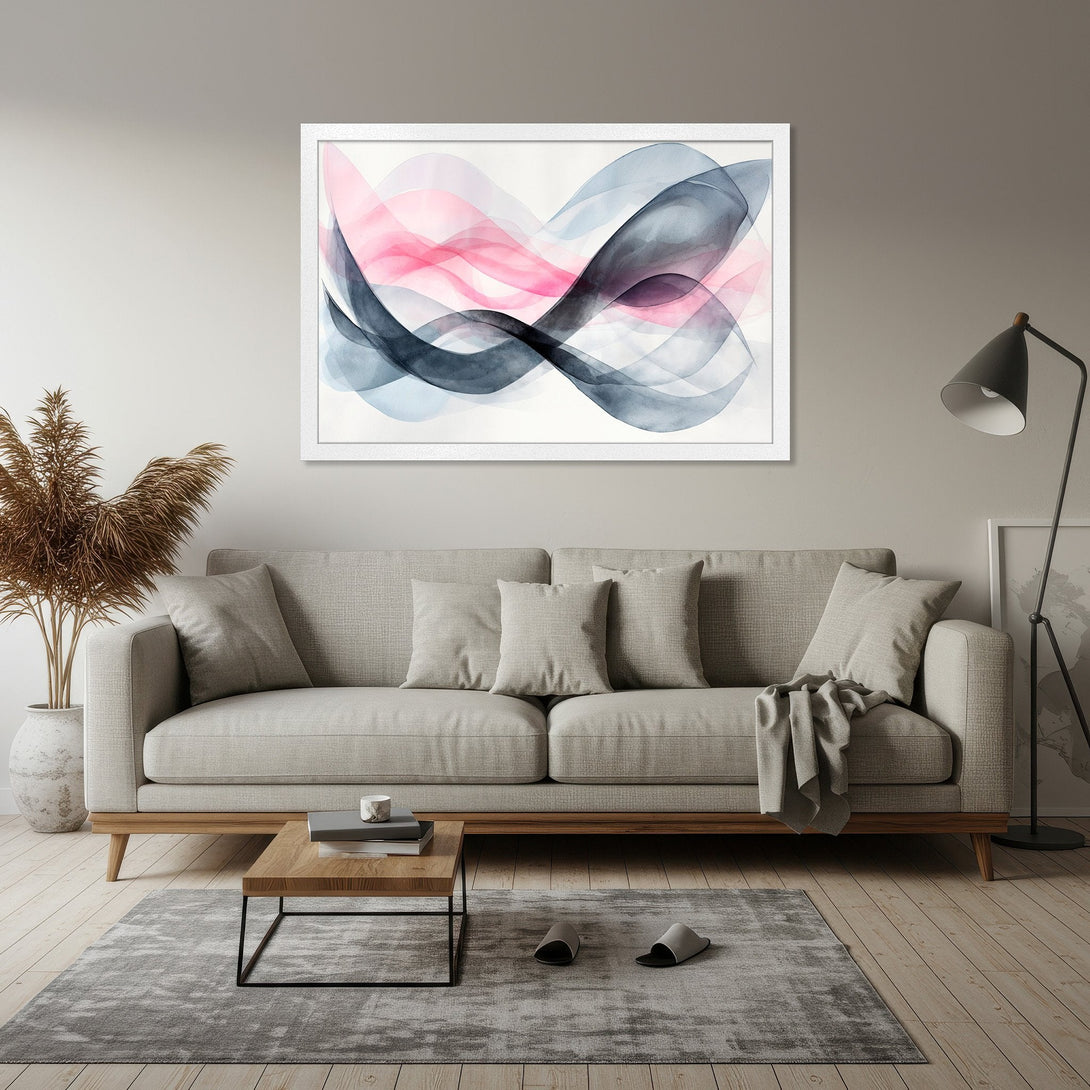 Framed Poster featuring abstract watercolor waves in pink, gray, and blue. Modern art for your home decor.