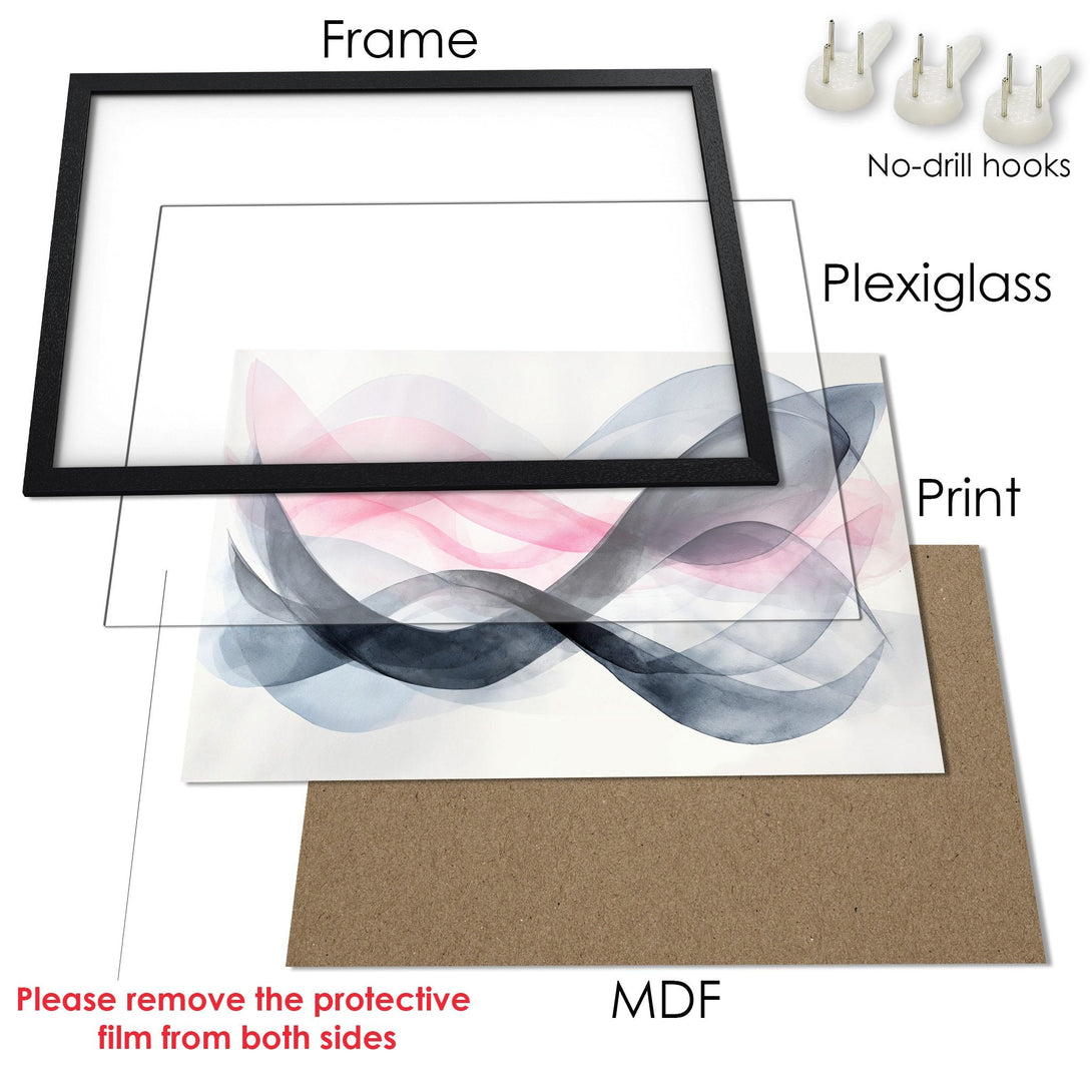 Framed Poster with abstract watercolor art in pink, gray, and blue. Modern wall art for your home.
