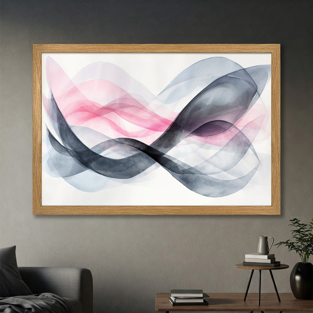 Framed Poster featuring abstract watercolor art with pink, gray, and black flowing shapes. Modern wall art for home decor.