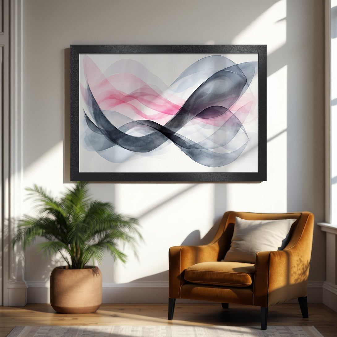 Framed Poster featuring abstract watercolor waves in pink, grey, and black. Modern art print for home decor.