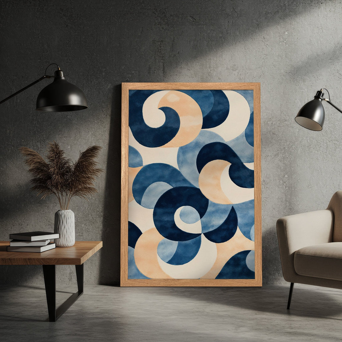 Framed Poster featuring an abstract watercolor design in blue, beige, and white. Modern art for your home decor.
