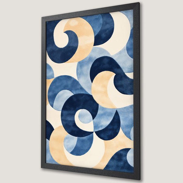 Framed Poster featuring an abstract watercolor design with blue, beige, and white swirling shapes. Modern art for home decor.